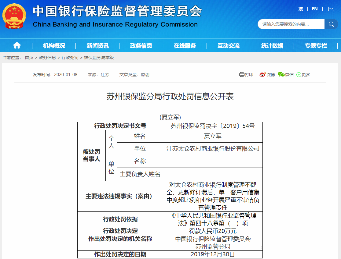 牵涉宝塔石化票据案，江苏太仓农村商业银行5位高管受到行政处罚